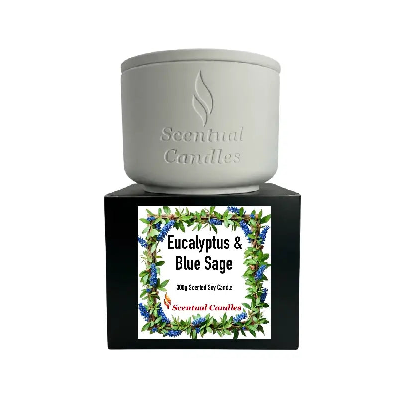 Eucalyptus Candle with Blue Sage in a white ceramic container, part of Scentual Candles collection.