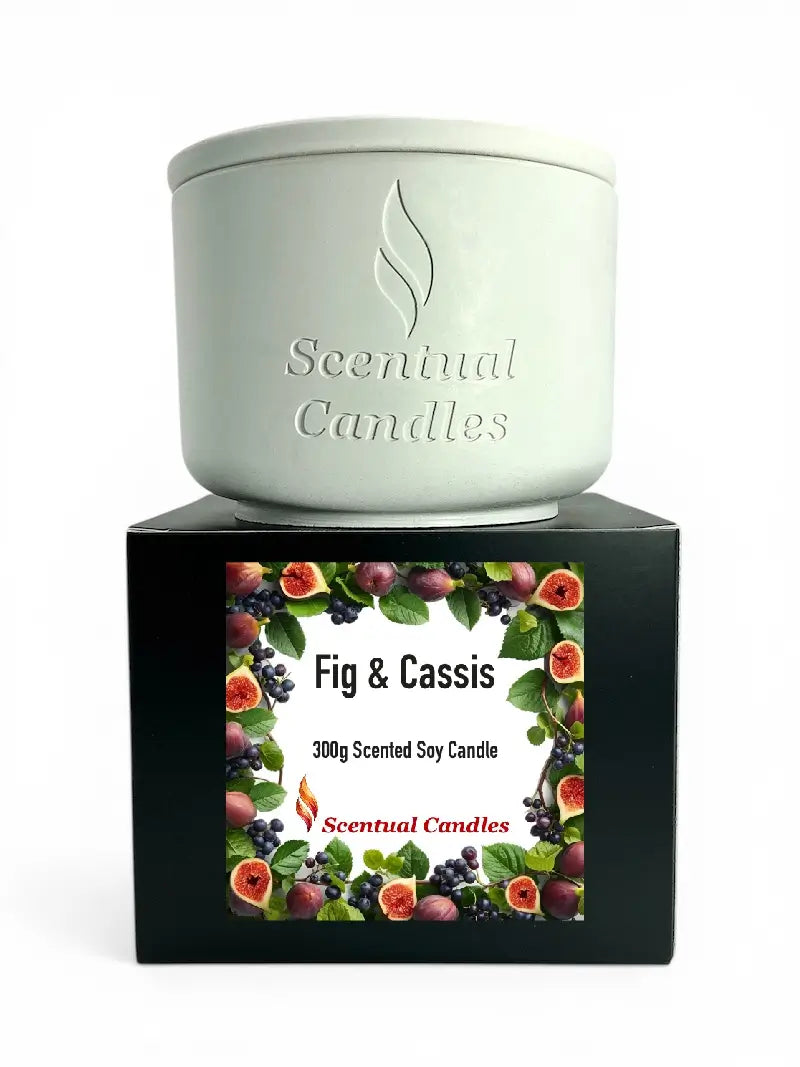 Part of Tobacco and Vanilla Candle Set - Fig & Cassis 300g scented soy candle in a white container by Scentual Candles.