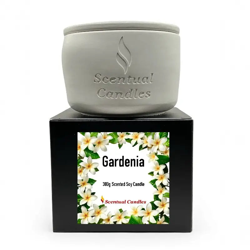 Gardenia Candle in decorative grey holder, 300g scented soy candle with floral aroma and elegant packaging.
