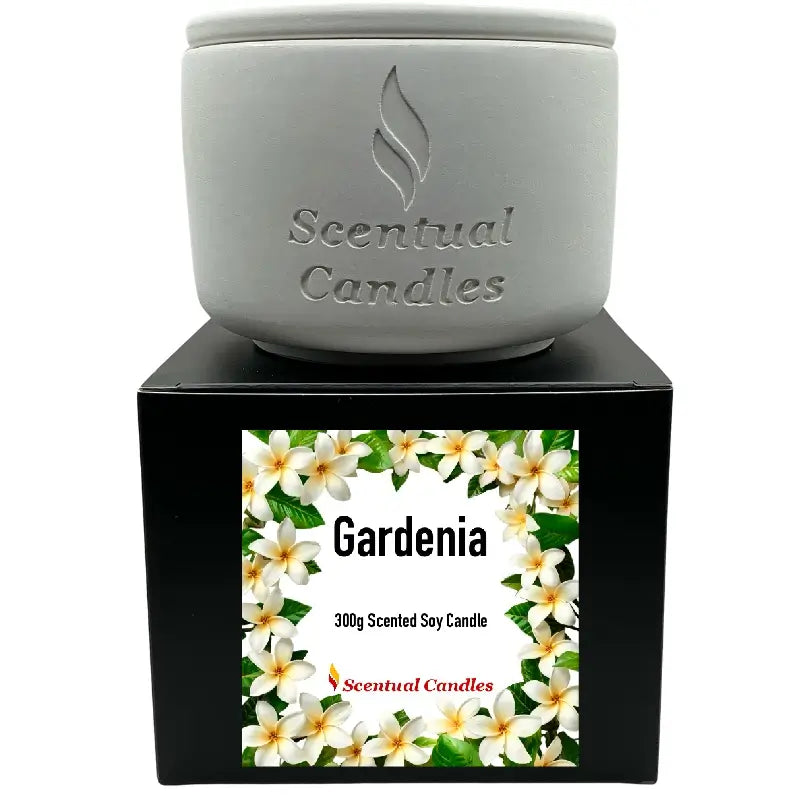 Gardenia Candle in decorative grey holder, 300g scented soy candle with floral aroma and elegant packaging.