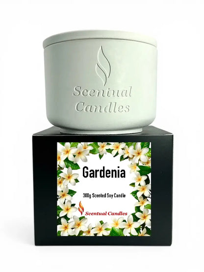 Gardenia Candle in white container on black box with floral design, 300g scented soy candle from Scentual Candles.