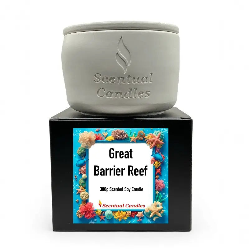 Great Barrier Reef candle from the Essence of Australia Candle Gift Set displaying natural soy wax and vegan ingredients.