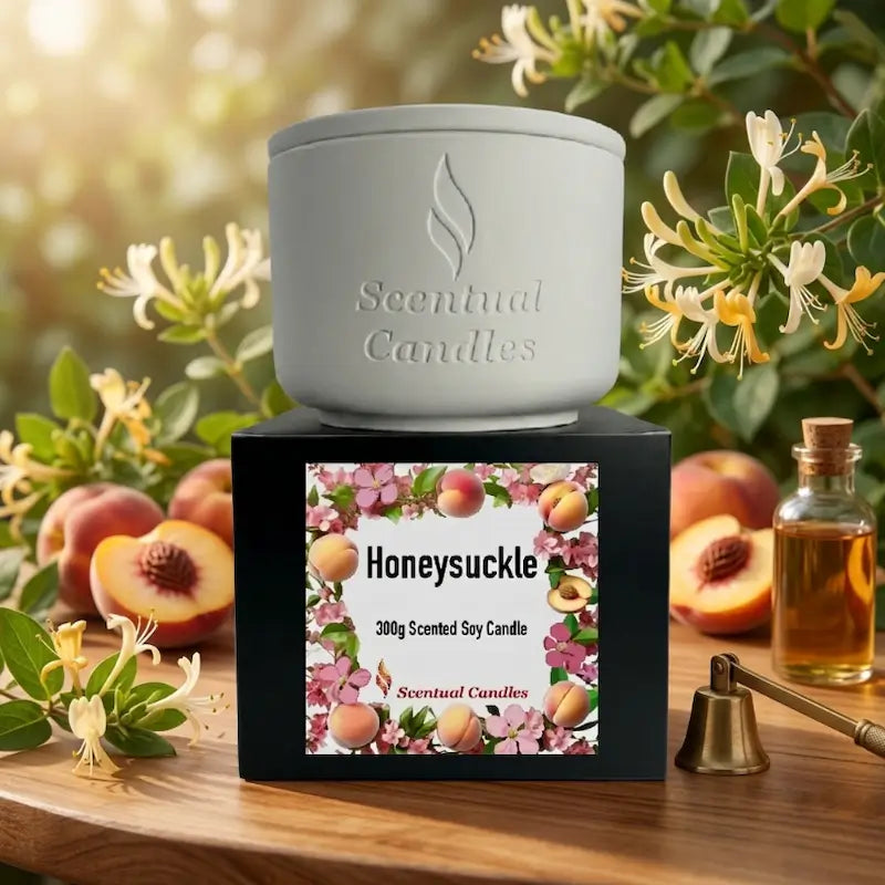 Honeysuckle Candle resting on a black box surrounded by peaches and flowers, perfect for a fresh aromatic atmosphere.