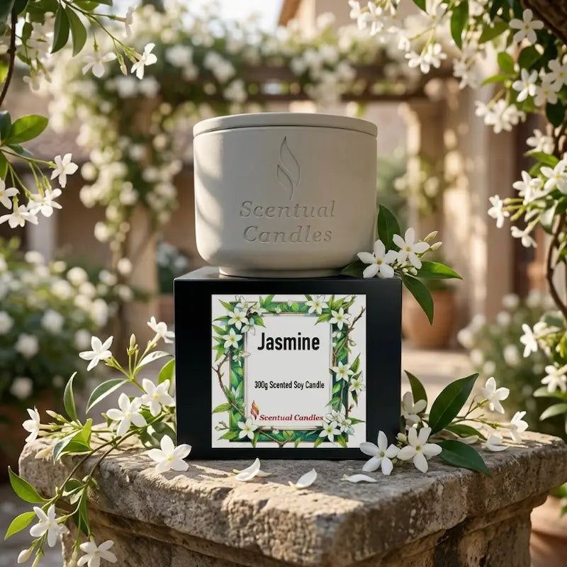Jasmine Candle in a white ceramic container on a black box, featuring floral artwork and branding from Scentual Candles.