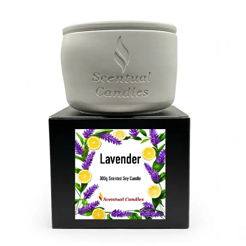 Lavender Candle Scented Soy with decorative packaging and lavender sprigs