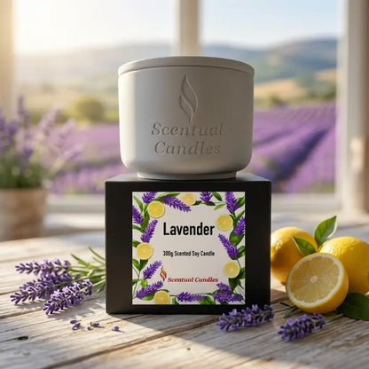 Lavender Candle in a stylish white container with floral design and label from Scentual Candles.