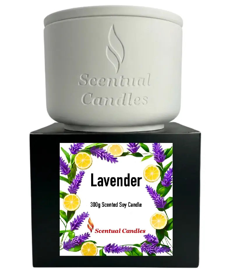 Lavender Candle in a stylish white container with floral design and label from Scentual Candles.