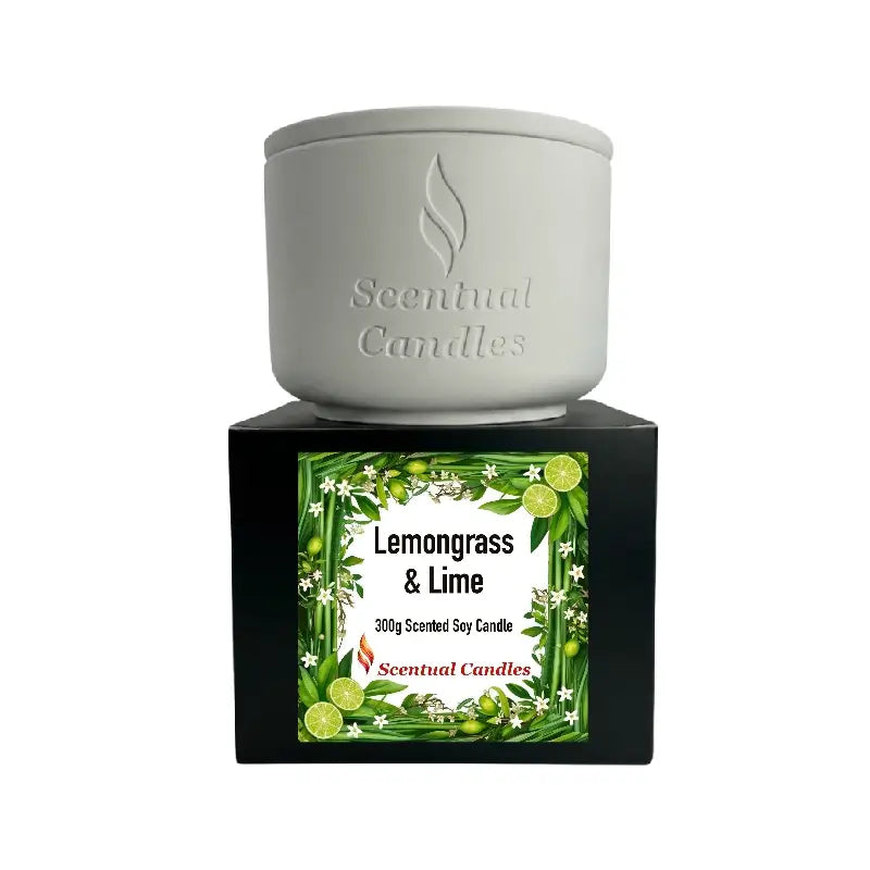 Lemongrass Candle with Lime and Jasmine in a stylish white container from Scentual Candles, 300g soy candle.