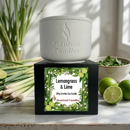 Lemongrass Candle in a white container with a lime and jasmine label, perfect for creating a fresh citrus atmosphere.