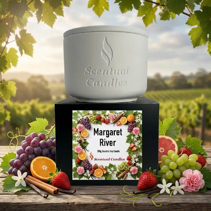 Margaret River Candle - 300g Scented Soy Candle with floral and fruit design on packaging