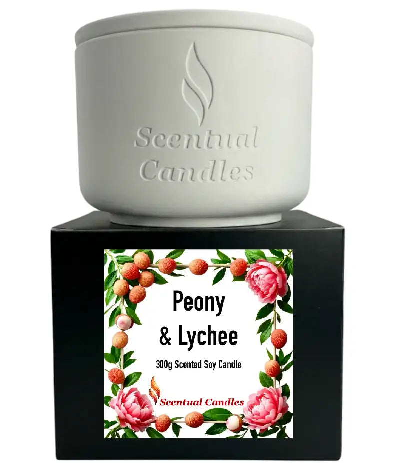 Lychee Scented Candle in a white container with Peony and Raspberries label, showcasing a vibrant design.