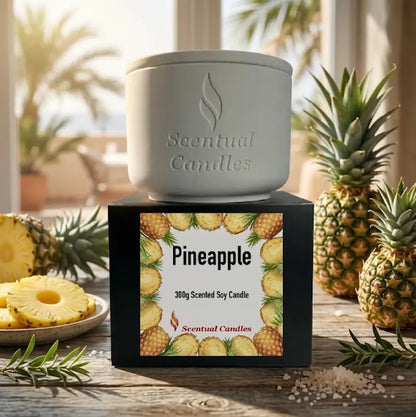 Pineapple Scented 300g Soy Candle by Scentual Candles in elegant packaging with pineapple design.