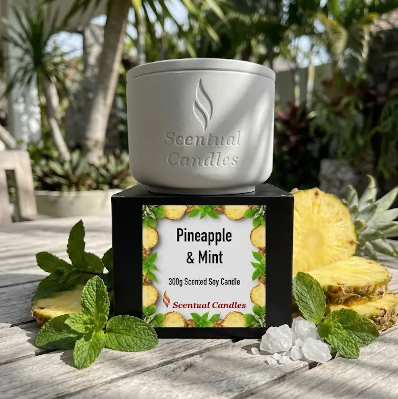 Pineapple and Mint Scented Soy Candle by Scentual Candles in a stylish design, perfect for tropical aroma lovers.