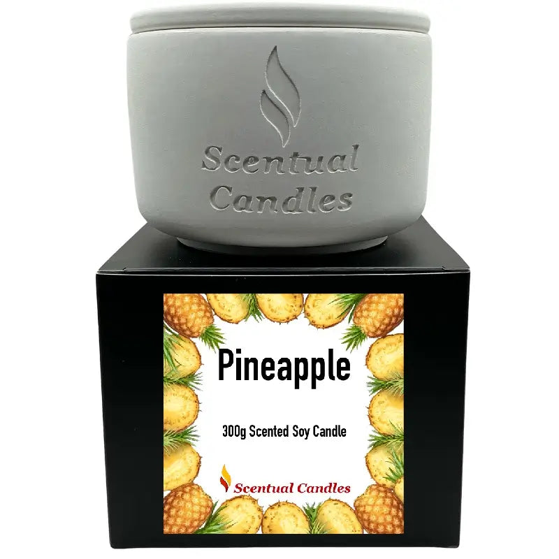 Pineapple Scented tropical soy candle in elegant jar packaging, featuring a fruity and creamy aroma for an exotic home atmosphere.