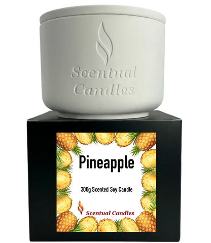 Pineapple Scented 300g Soy Candle by Scentual Candles in elegant packaging with pineapple design.