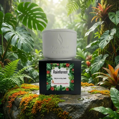 Rainforest Scented Candle presented in a stylish white ceramic container with vibrant tropical packaging.