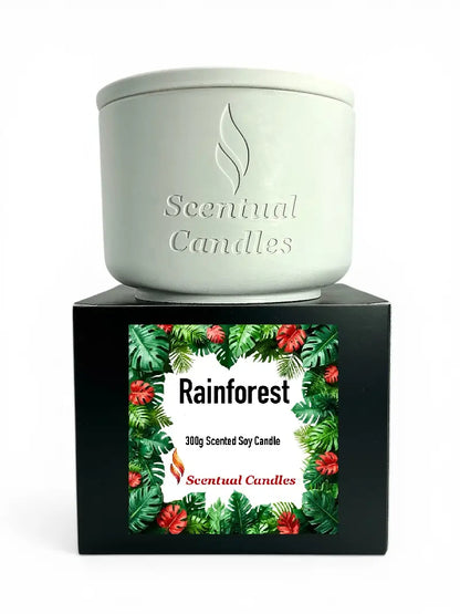 Rainforest Scented Candle in a white ceramic jar with floral packaging, 300g scented soy candle from Scentual Candles.