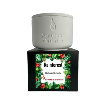 Rainforest Scented Candle presented in a stylish white ceramic container with vibrant tropical packaging.