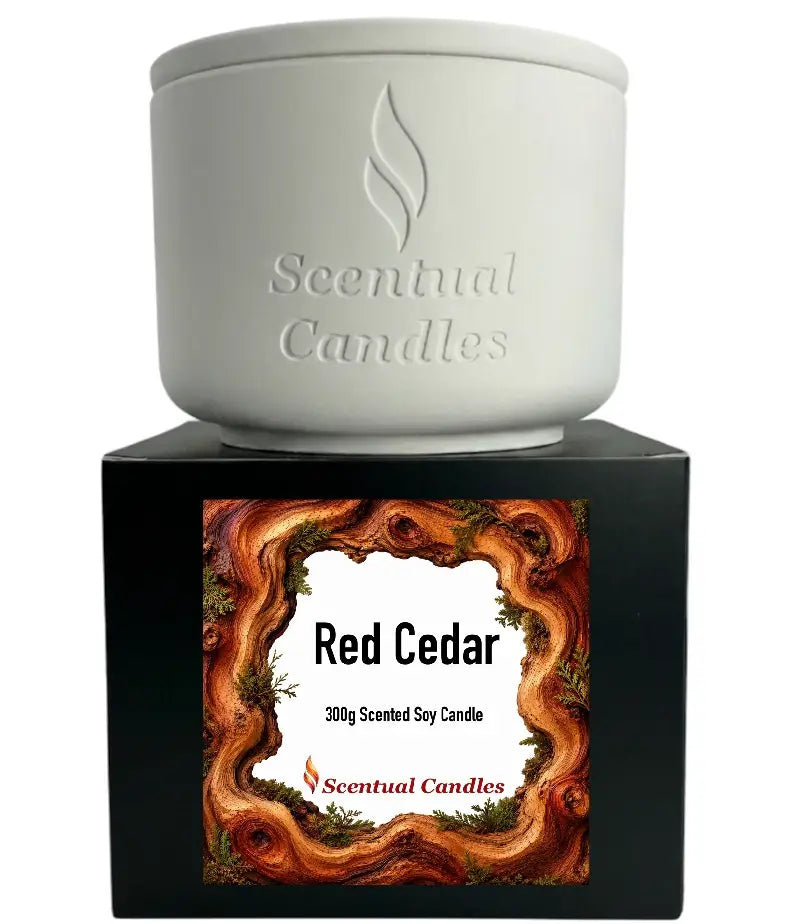 Red Cedar Candle - 300g scented soy candle inspired by Dior Sauvage, in a sleek white jar from Scentual Candles.