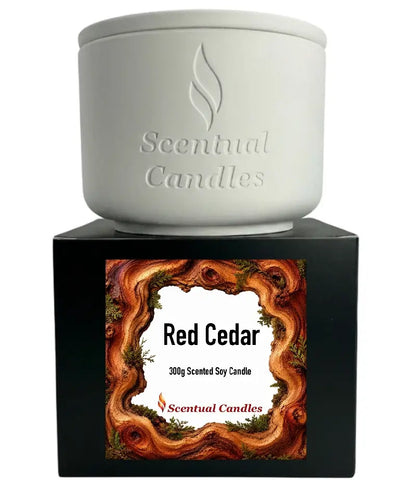 Red Cedar Candle - 300g scented soy candle inspired by Dior Sauvage, in a sleek white jar from Scentual Candles.