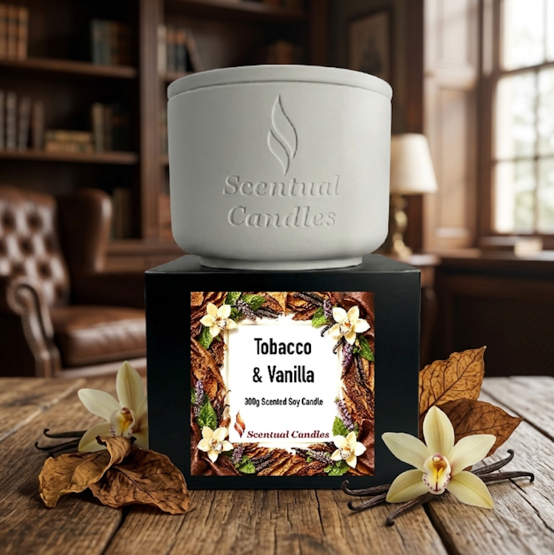 Tobacco Scented Candle in white container with floral design, showcasing rich tobacco and vanilla scent.
