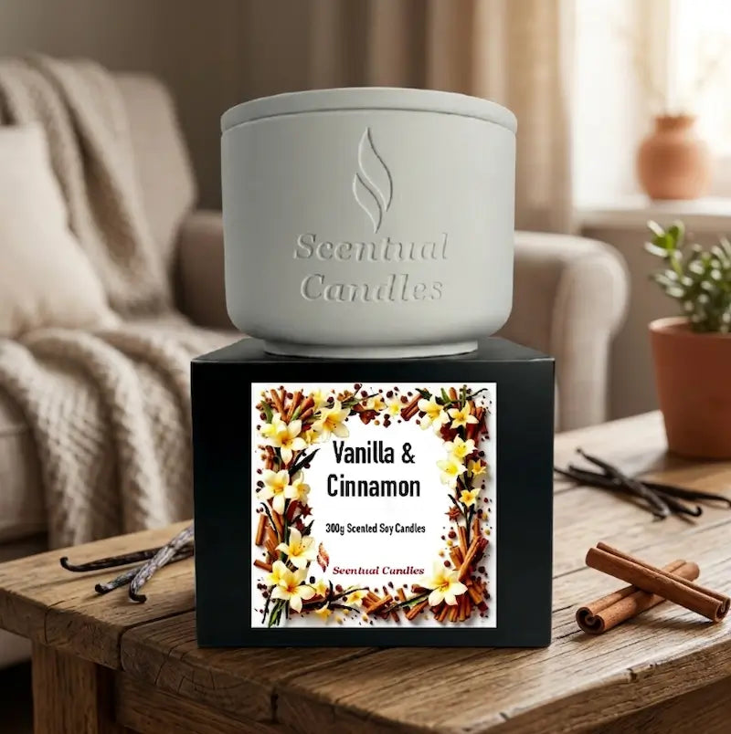 Vanilla and Cinnamon Candle – Scented Soy by Scentual Candles displayed with floral and spice design.