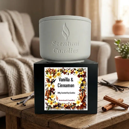 Vanilla and Cinnamon Candle – Scented Soy by Scentual Candles displayed with floral and spice design.