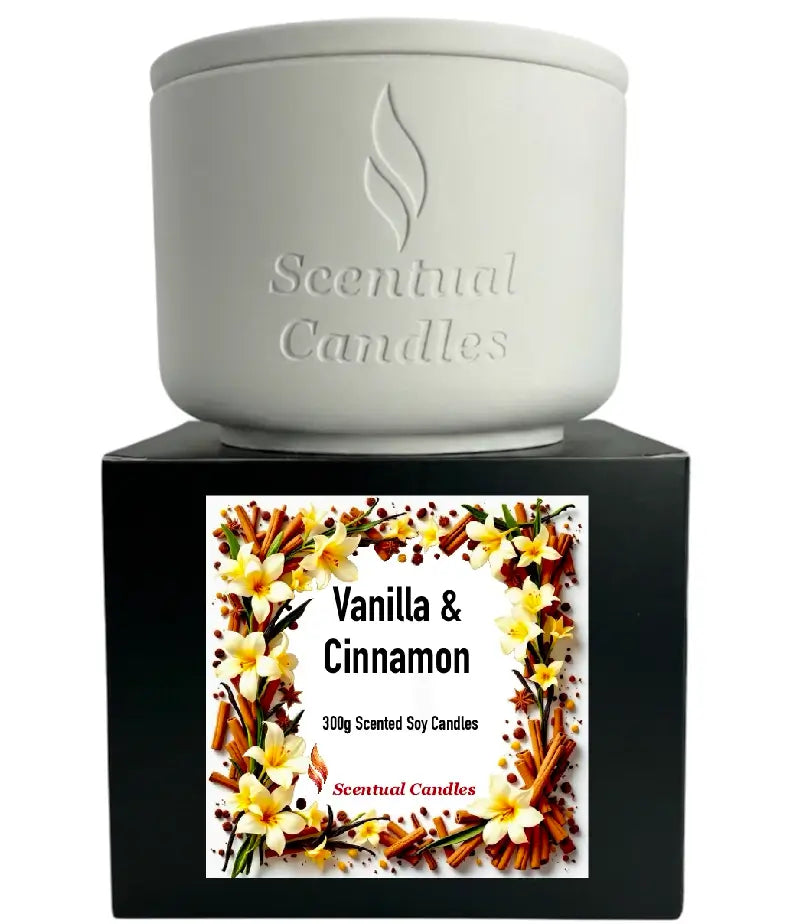 Vanilla and Cinnamon Candle – Scented Soy by Scentual Candles displayed with floral and spice design.
