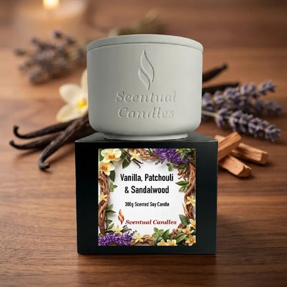 Vanilla Patchouli and Sandalwood scented soy candle on display from Scentual Candles.