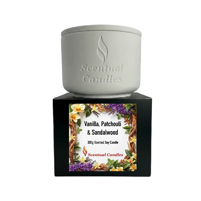 Vanilla Patchouli and Sandalwood scented soy candle on display from Scentual Candles.