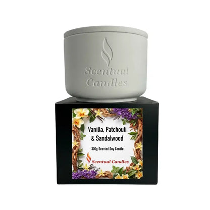Vanilla Patchouli and Sandalwood scented soy candle on display from Scentual Candles.