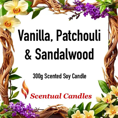 Part of Tobacco and Vanilla Candle Set - Vanilla, Patchouli & Sandalwood 300g Scented Soy Candle from Scentual Candles with floral background.