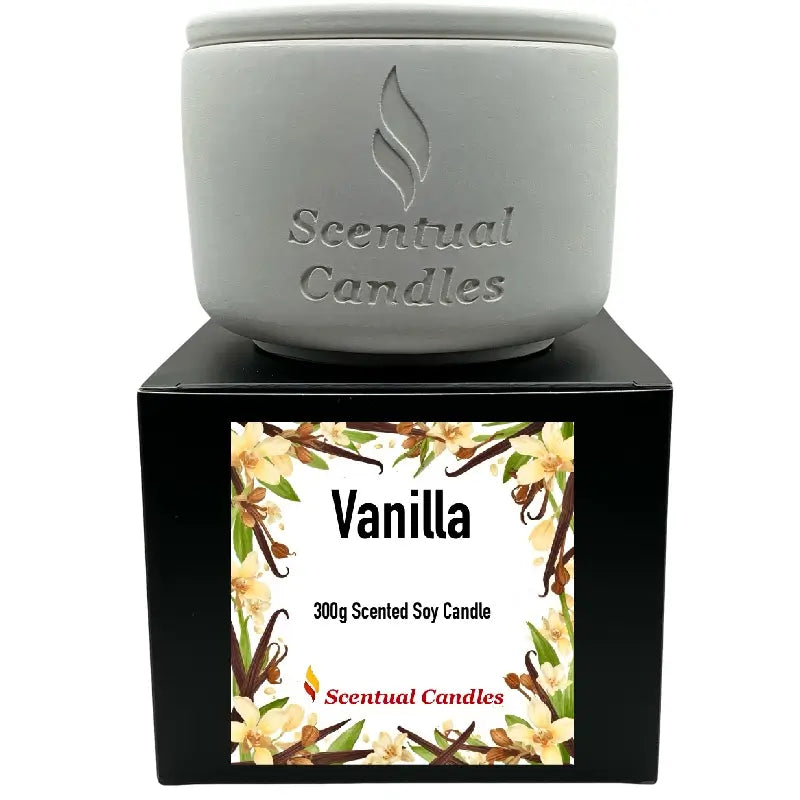 Vanilla Scented Candle in elegant box, creamy soy blend with floral design