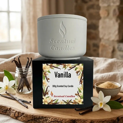 Vanilla Scented Candle in a white container with floral design, 300g scented soy candle by Scentual Candles.