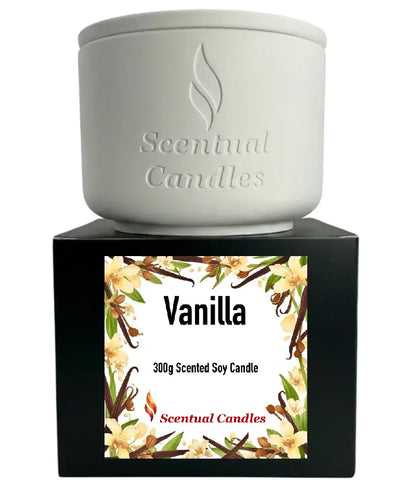Vanilla Scented Candle in a white container with floral design, 300g scented soy candle by Scentual Candles.