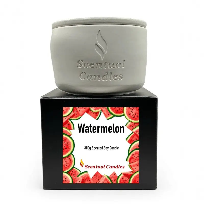 Watermelon Candle - Scented Soy with refreshing watermelon design package on display