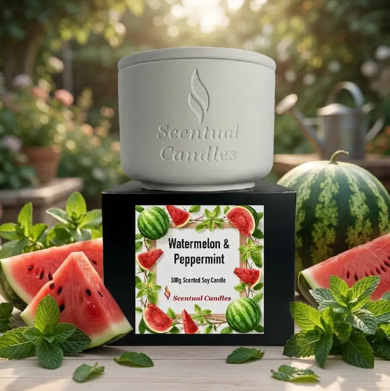 Watermelon and Peppermint Candle - 300g scented soy candle by Scentual Candles with vibrant watermelon design.