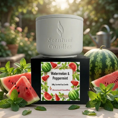 Watermelon and Peppermint Candle - 300g scented soy candle by Scentual Candles with vibrant watermelon design.