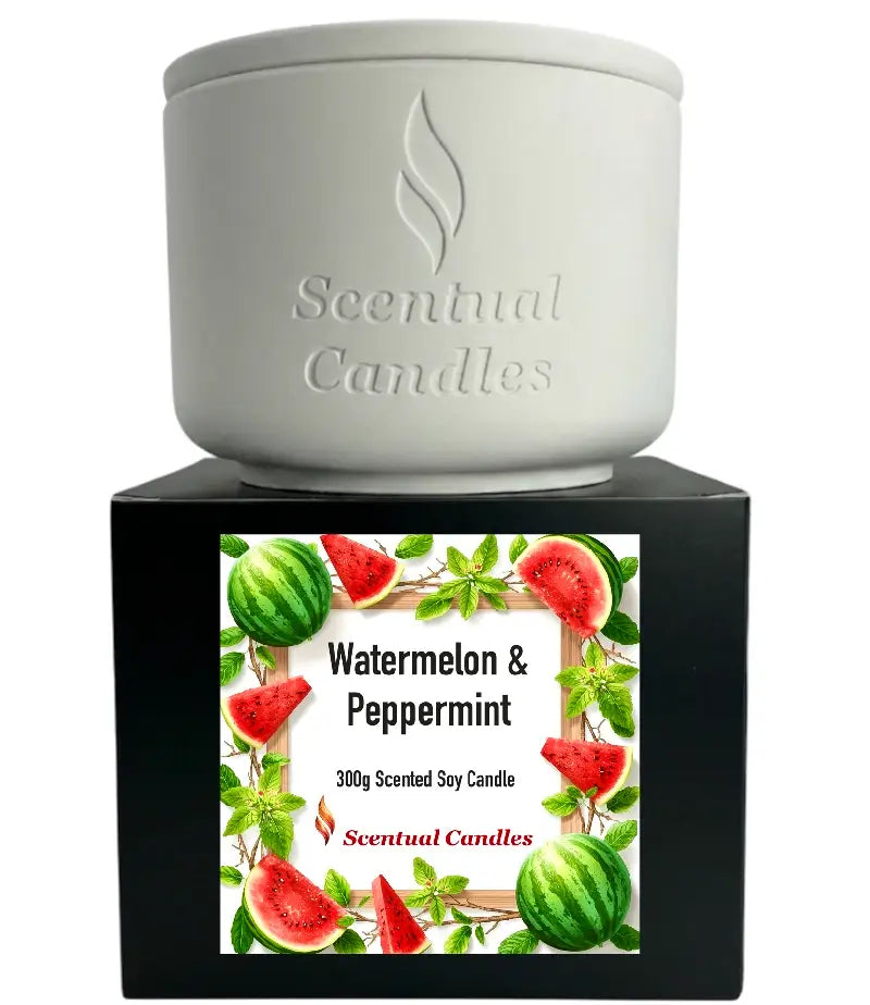 Watermelon and Peppermint Candle - 300g scented soy candle by Scentual Candles with vibrant watermelon design.