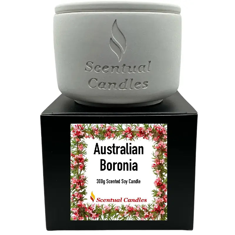 Scented Soy Candle in grey jar with Australian Boronia label and floral design
