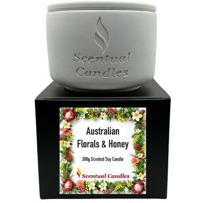 Australian Scents Candle Set - Australian Florals & Honey 300g scented soy candle on display