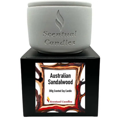 Australian Scents Candle Set - 300g Australian Sandalwood soy candle in decorative packaging.