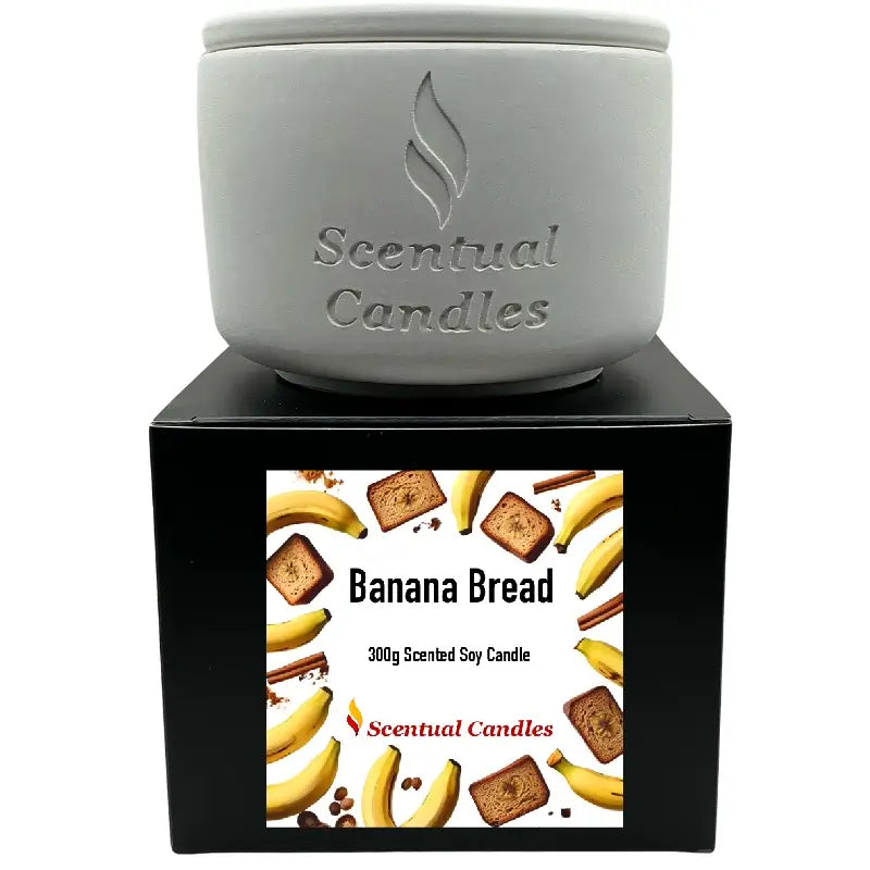 Banana Bread Candle Scented Soy with cozy bakery aroma, featuring 300g candle in decorative jar to enhance warm and inviting spaces.