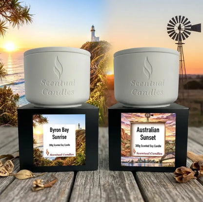 Sunrise and Sunset Australian Scented Candle Duo featuring Byron Bay Sunrise and Australian Sunset candles.