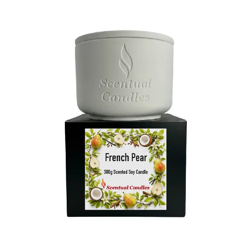 French Pear Candle in a stylish white container with a decorative box featuring pear illustrations.