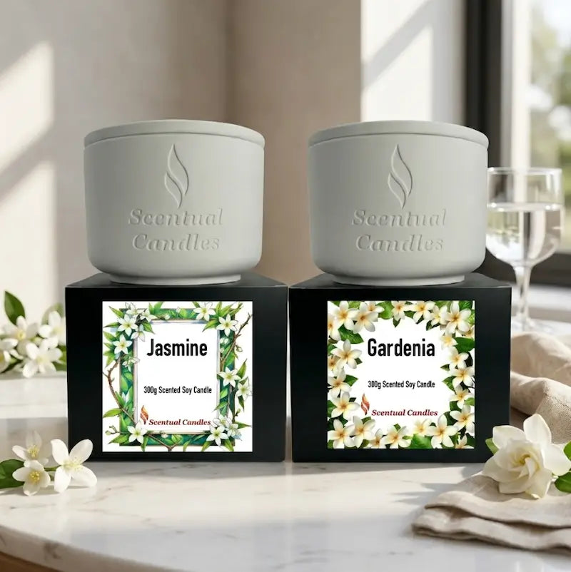 Jasmine Gardenia Candle Set featuring Jasmine and Gardenia scented soy candles with elegant floral designs.
