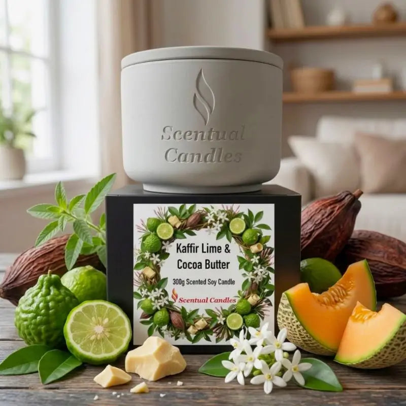 Kaffir Lime and Cocoa Butter Candle displayed with fresh ingredients and casing, showcasing its vibrant scent and design.