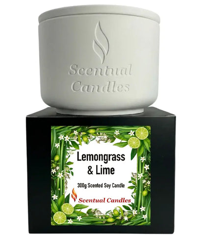 Lemongrass Candle with Lime and Jasmine in a stylish white container from Scentual Candles, 300g soy candle.