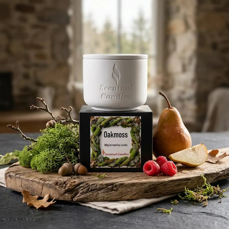 Oakmoss Candle displayed on rustic wood with fresh fruits and moss accents.
