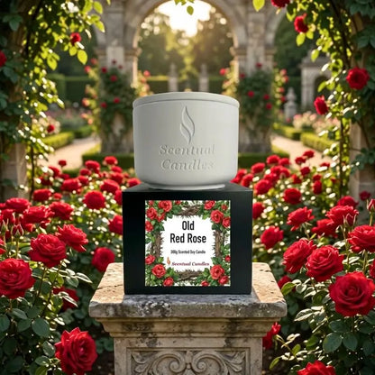 Rose Candle in a garden of vibrant red roses, featuring the Old Red Rose scent by Scentual Candles.